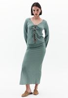 Bayan Yeşil Yüksek Bel Yırtmaçlı Etek