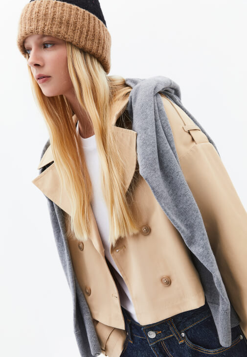 Bej Loose-Fit Crop Trençkot