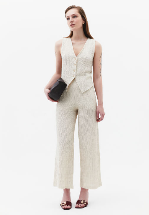 Krem Dokulu Culotte Pantolon