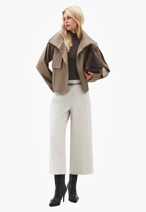 Krem Kemer Detaylı Culotte Pantolon