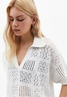 Bayan Beyaz Polo Yaka Ajurlu Kazak