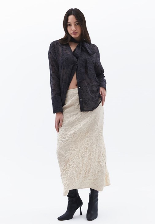 Bej Yüksek Bel Yırtmaçlı Etek