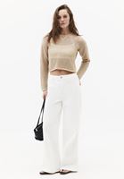 Bayan Bej Ajurlu Sıfır Yaka Crop Kazak