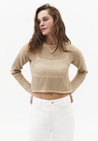 Bayan Bej Ajurlu Sıfır Yaka Crop Kazak