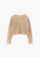 Bayan Bej Ajurlu Sıfır Yaka Crop Kazak