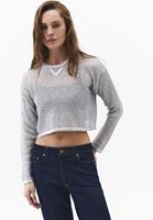 Bayan Gümüş Ajurlu Sıfır Yaka Crop Kazak