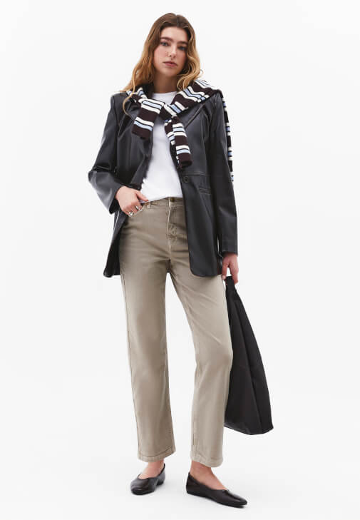 Bej Ultra Yüksek Bel Straight-Fit Pantolon