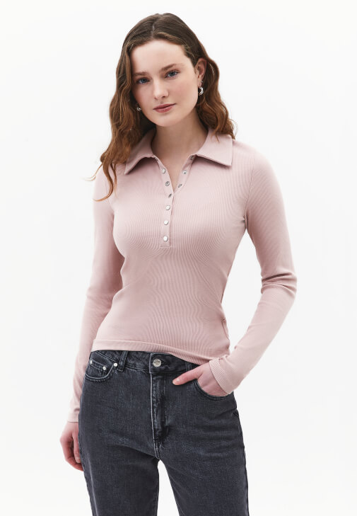 Pembe Polo Yaka Düğmeli Tişört