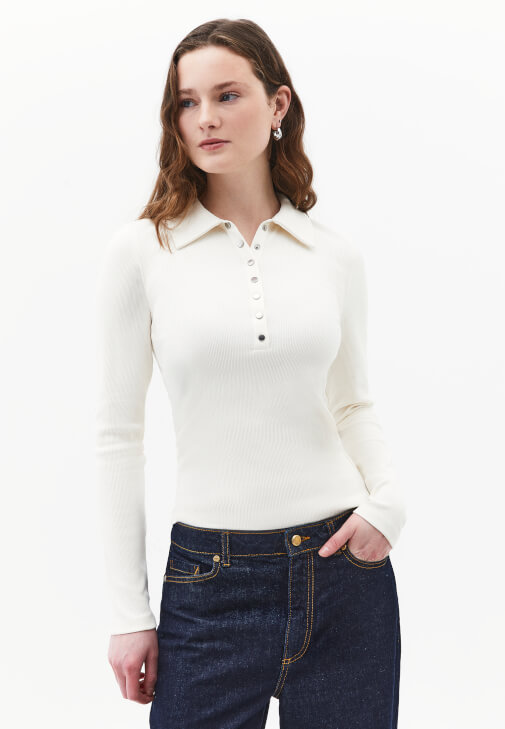 Krem Polo Yaka Düğmeli Tişört
