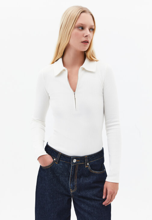 Krem Polo Yaka Fermuarlı Tişört