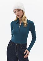 Bayan Mavi Polo Yaka Fermuarlı Tişört