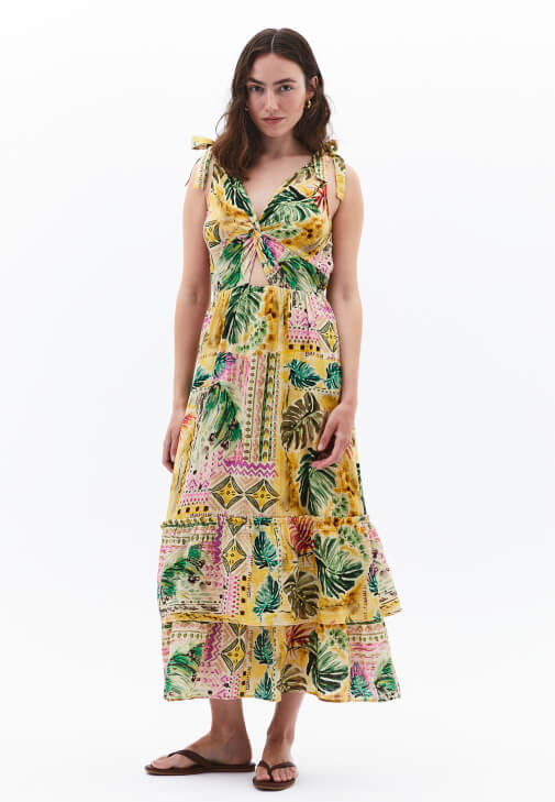 Çok Renkli Burgu Detaylı Midi Elbise