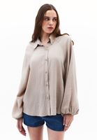 Bayan Bej Balon Kollu Oversize Gömlek