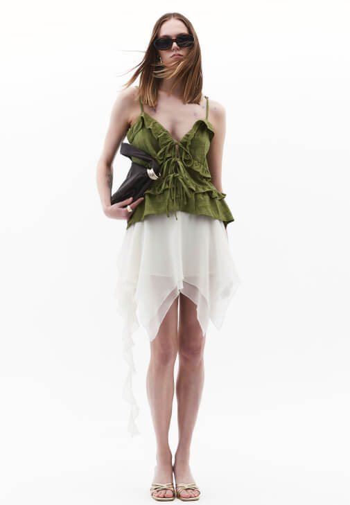 Krem Asimetrik Kesim Mini Etek