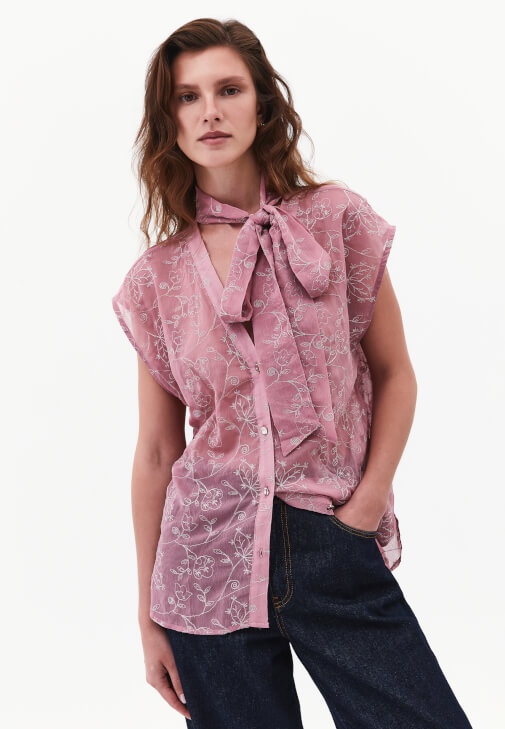Lila Nakışlı Oversize Gömlek