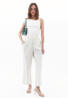 Bayan Krem Yüksek Bel Straight-Fit Pantolon