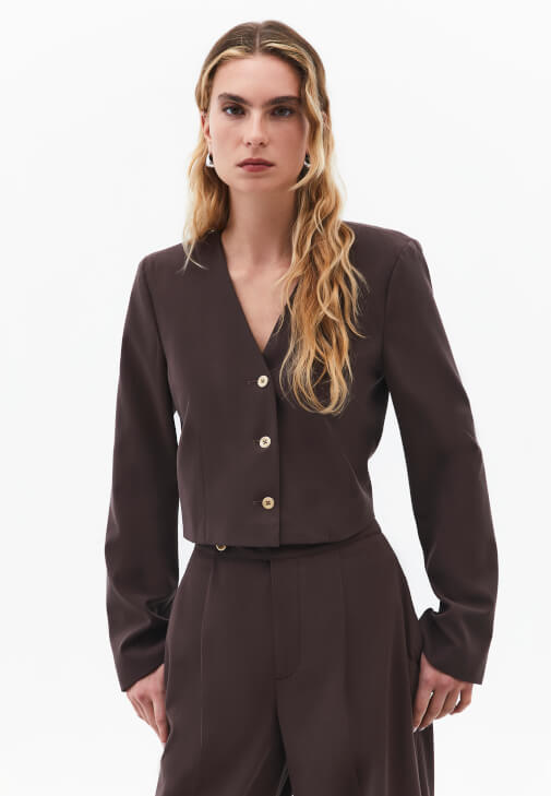 Kahverengi Düğmeli Crop Blazer Ceket