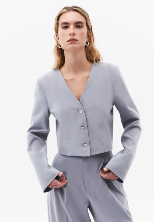 Gri Düğmeli Crop Blazer Ceket