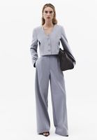 Bayan Gri Düğmeli Crop Blazer Ceket