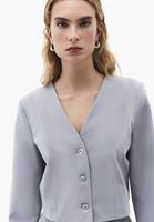 Bayan Gri Düğmeli Crop Blazer Ceket