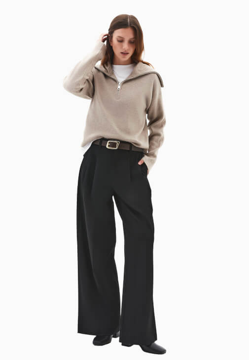 Siyah Yüksek Bel Wide-Leg Pantolon