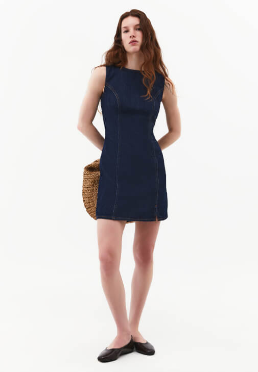 Lacivert Yırtmaçlı Mini Denim Elbise