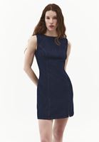 Bayan Lacivert Yırtmaçlı Mini Denim Elbise