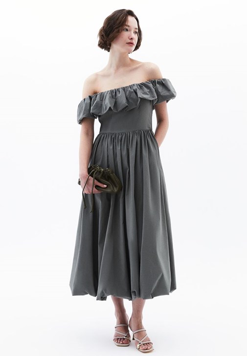 Yeşil Omuz Açık Balon Elbise