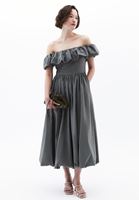 Bayan Yeşil Omuz Açık Balon Elbise