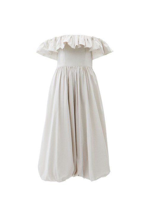 Omuz Açık Balon Elbise ve Terlik Kombini