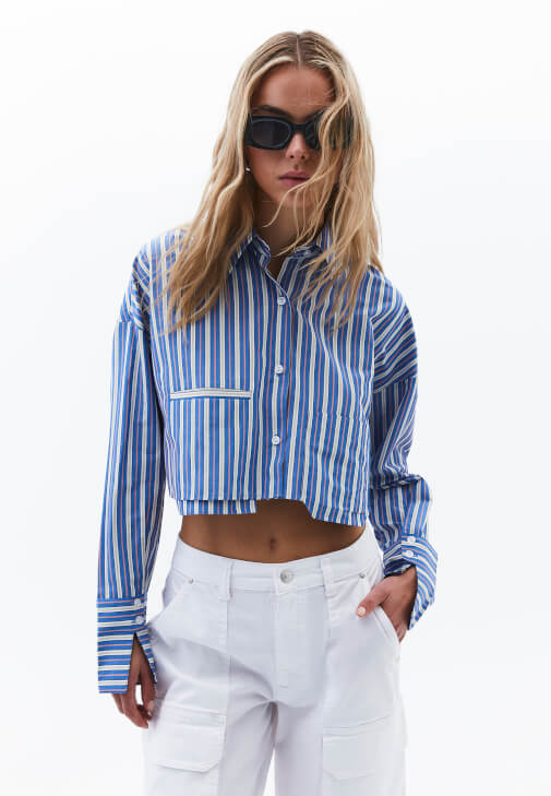 Çok Renkli Cep Detaylı Crop Gömlek