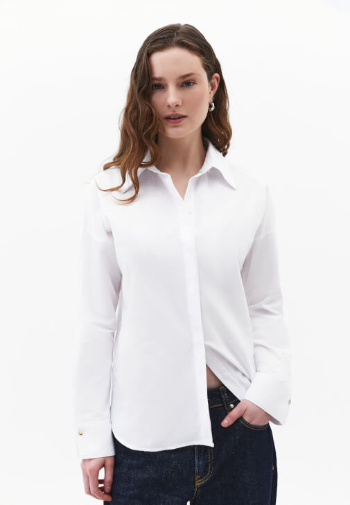 Beyaz Loose-Fit Poplin Gömlek