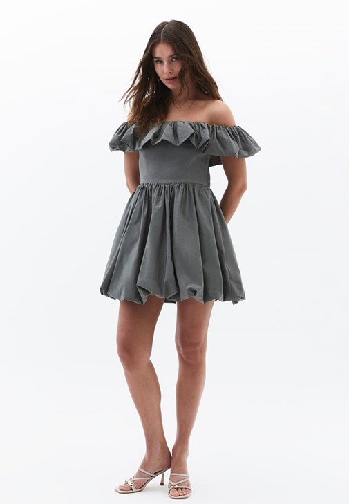 Yeşil Omuz Açık Mini Balon Elbise