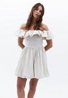 Bayan Krem Omuz Açık Mini Balon Elbise