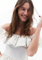 Bayan Krem Omuz Açık Mini Balon Elbise