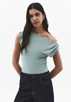 Bayan Yeşil Bot Yaka Büzgü Detaylı Bluz