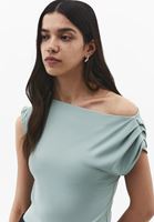 Bayan Yeşil Bot Yaka Büzgü Detaylı Bluz