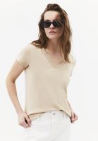 Bayan Bej V Yaka Pamuklu Tişört