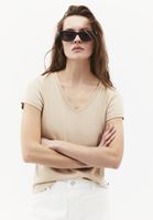 Bayan Bej V Yaka Pamuklu Tişört