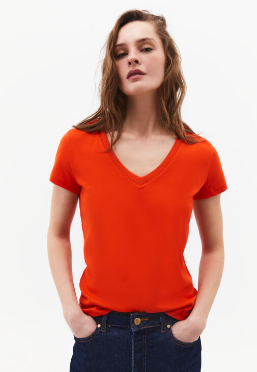 Turuncu V Yaka Pamuklu Tişört