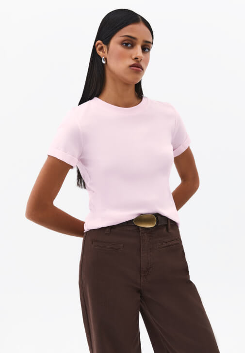 Pembe Pamuklu Sıfır Yaka Tişört