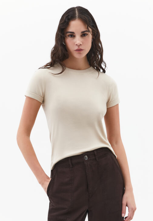 Bej Pamuklu Sıfır Yaka Tişört