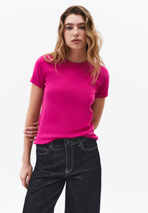 Pembe Pamuklu Sıfır Yaka Tişört