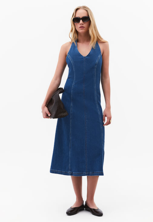  Denim Elbise ve Fileli Babet Kombini