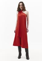 Bayan Kırmızı Yaka Detaylı Saten Elbise