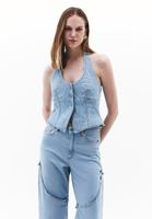 Bayan Mavi Nakışlı Denim Yelek