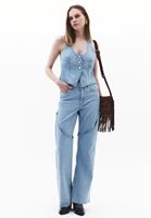 Bayan Mavi Nakışlı Denim Yelek