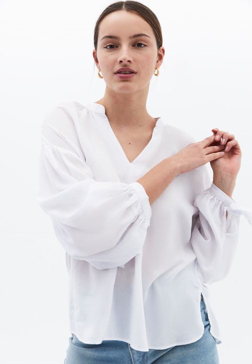 Beyaz Keten Karışımlı Oversize Bluz ( TENCEL™ )