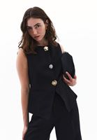 Bayan Siyah Keten Karışımlı Düğmeli Yelek ( TENCEL™ )