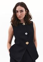 Bayan Siyah Keten Karışımlı Düğmeli Yelek ( TENCEL™ )